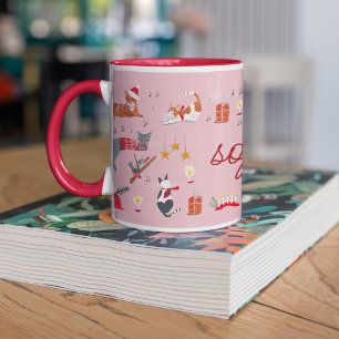 Cute retro cat pink Christmas pattern   Mug