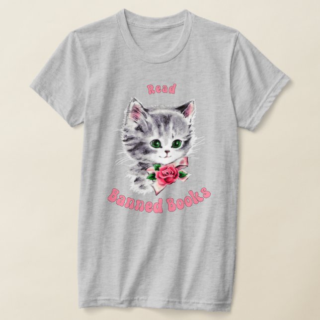 Cute Retro Cat - Read Banned Books T-Shirt (Laydown)