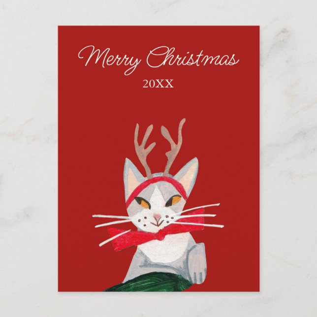 Cute retro cat red Christmas Holiday Postcard (Front)