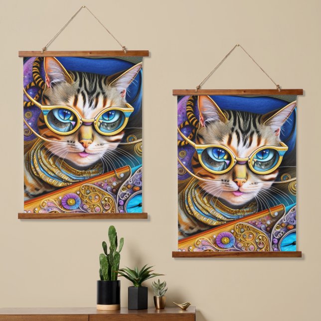 Cute Retro Cat Wearing Glasses Hanging Tapestry (Asymmetrical)
