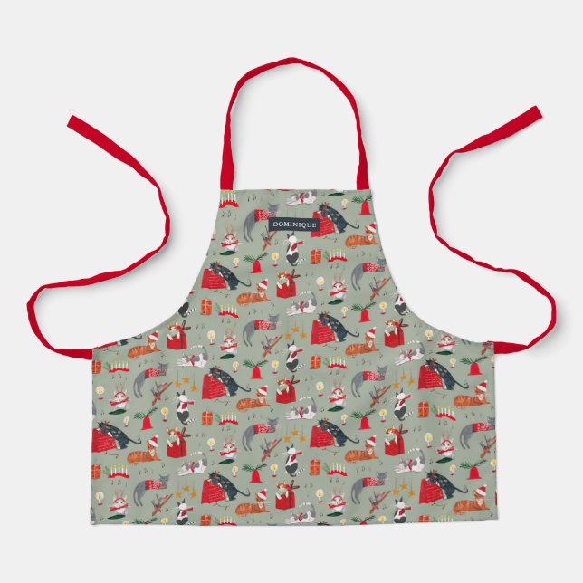 Cute retro cats all-over print green Christmas  Apron (Front)