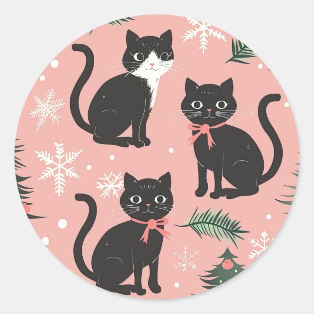 Cute Retro Cats on Pink Christmas Classic Round Sticker (Front)