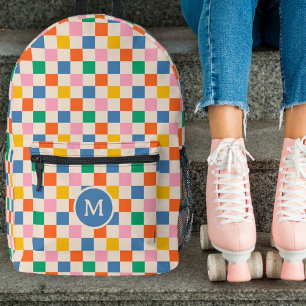 Cute Retro Checkerboard Monogram Vintage Colors Printed Backpack