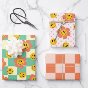 Cute Retro Checkerboard patterns with flowers Wrapping Paper Sheet