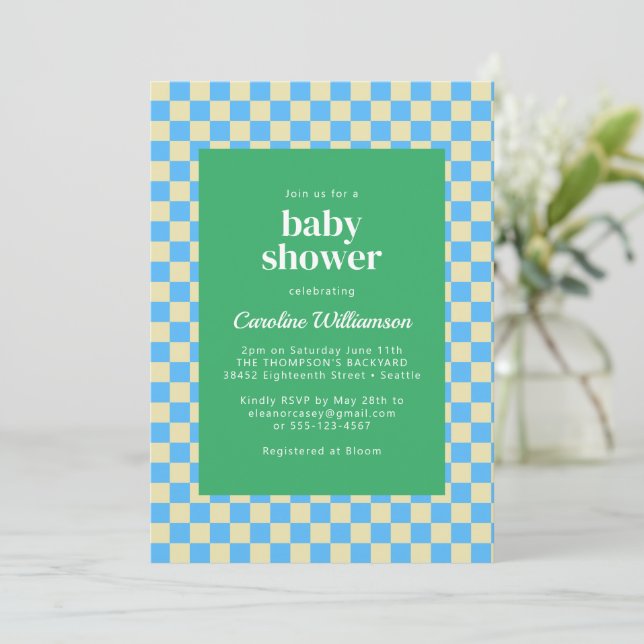 Cute Retro Chequerboard Blue Green Baby Shower Invitation (Standing Front)