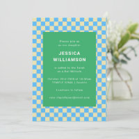 Cute Retro Chequerboard Blue Green Bat Mitzvah