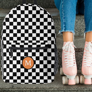 Cute Retro Chequerboard Monogram Black and White Printed Backpack