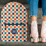 Cute Retro Chequerboard Monogram Navy Orange Teal Printed Backpack<br><div class="desc">This fun, stylish custom backpack features a chequerboard pattern in retro shades of navy blue, bright orange red, light orange / yellow, teal, and cream. A monogram initial text template is included - use it to personalise your backpack or remove it and the circle, if you'd prefer no monogram. This...</div>