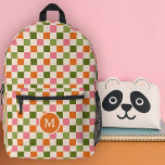 Cute Retro Chequerboard Monogram Pink Orange Green Printed Backpack<br><div class="desc">This fun, stylish custom backpack features a chequerboard pattern in retro shades of pink, orange, and olive toned greens over a cream coloured background. A monogram initial text template is included - use it to personalise your backpack or remove it and the circle, if you'd prefer no monogram. This cute,...</div>