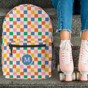 Cute Retro Chequerboard Monogram Vintage Colours Printed Backpack