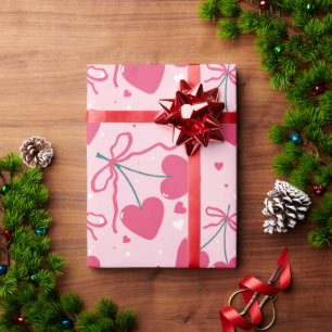 Cute Retro Cherry Heart Valentine Seamless Pattern Wrapping Paper