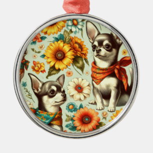 Cute Retro Chihuahua Illustration Metal Tree Decoration