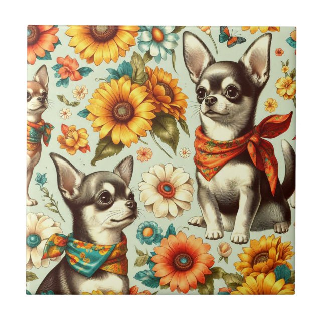 Cute Retro Chihuahua Illustration Tile (Front)