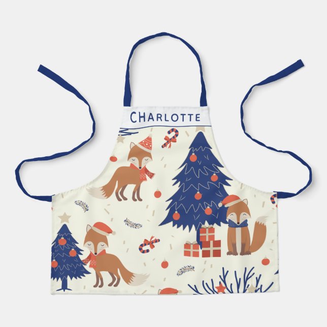 Cute Retro Christmas Fox Kids Personalised Apron (Front)