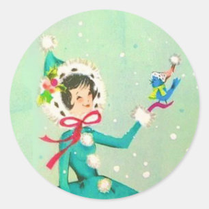 Cute Retro Christmas Girl With Bird Classic Round Sticker