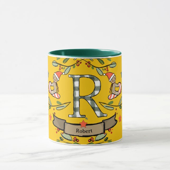 Cute Retro Christmas Monogram "R" with name  Mug (Center)