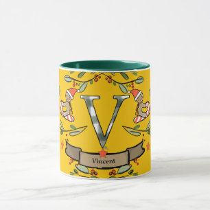 Cute Retro Christmas Monogram "V" with name  Mug