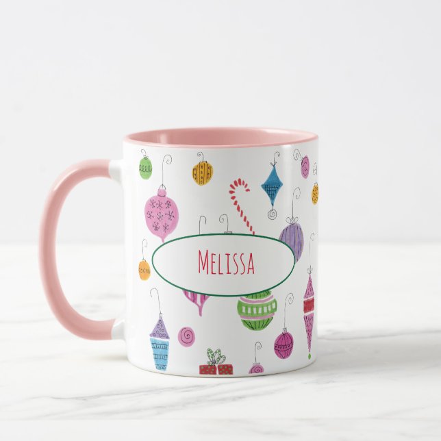 Cute Retro Christmas Ornaments Personalised Mug (Left)