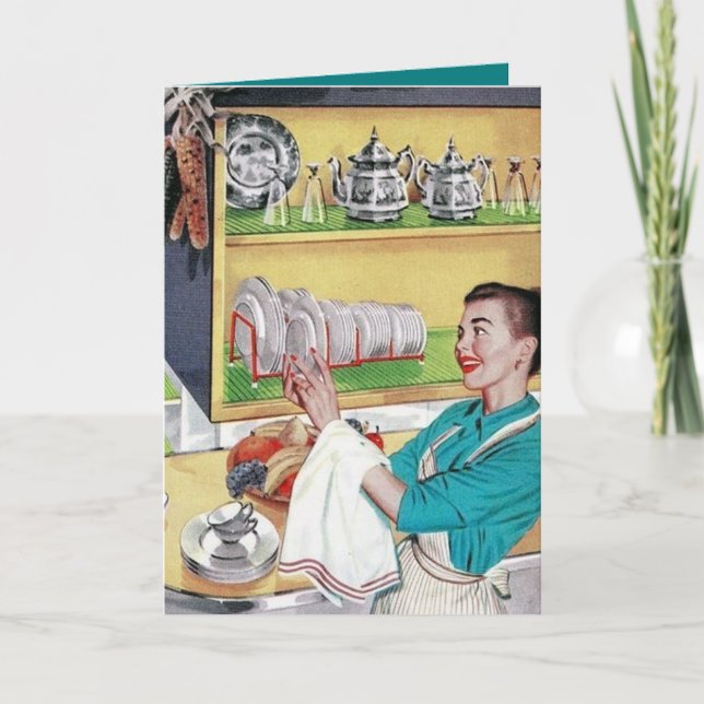 cute retro cleaning lady add sentiment note card (Front)