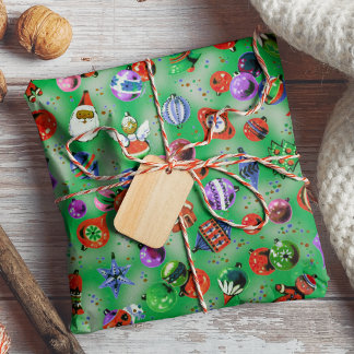 Cute retro colourful ornaments Christmas green Wrapping Paper
