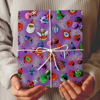 Cute retro colourful ornaments Christmas purple Wrapping Paper