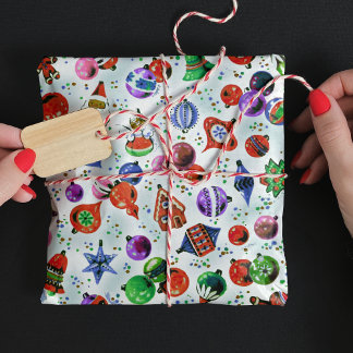 Cute retro colourful ornaments Christmas white Wrapping Paper