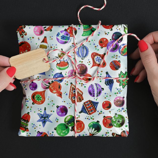 Cute retro colourful ornaments Christmas white Wrapping Paper (Creator Uploaded)