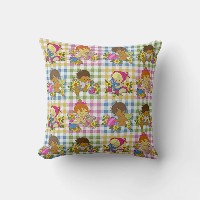 Cute Retro Colourful Patchwork Plaid Baby Shower  Cushion (Front)
