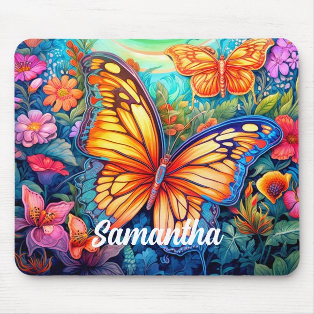Cute Retro Custom Butterfly Monogram Name Mouse Pad (Front)