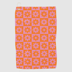 Cute Retro Daisy Flower Chequered Pink Orange Golf Towel
