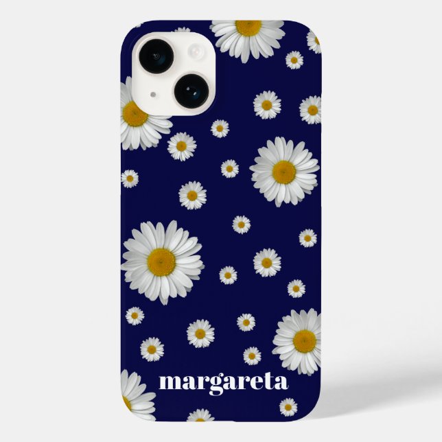 Cute Retro Daisy Flower with Name Navy Blue Case-Mate iPhone Case (Back)