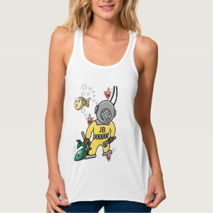 Cute Retro Deep Sea Diver and Fish - Monogrammed Singlet