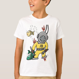 Cute Retro Deep Sea Diver and Fish - Monogrammed T-Shirt