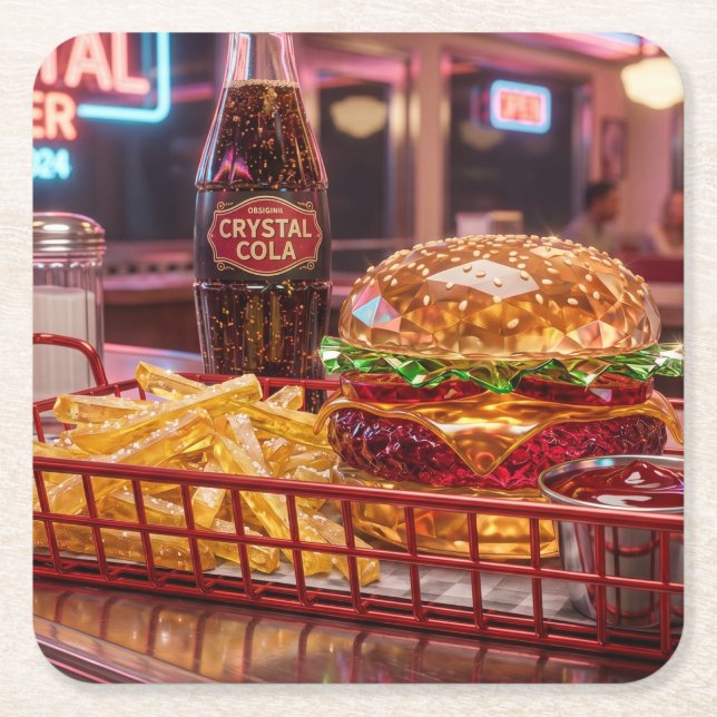 Cute Retro Diner | Crystalline Burger and Fries Square Paper Coaster (Front)