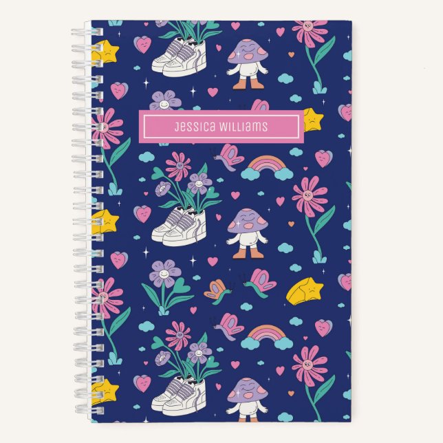 Cute Retro Doodle Flower Pattern Girly Floral Notebook (Front)