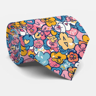 Cute Retro Doodle Hearts Flowers Blue Pink Pattern Tie