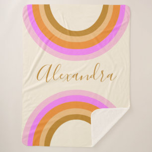 Cute Retro Double Rainbow Personalised Script Pink Sherpa Blanket