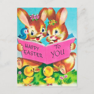 Cute retro Easter Bunnies Holiday postcard