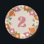 Cute Retro Floral 2 | Girls Second Birthday Paper Plate<br><div class="desc">These super cute second birthday paper plates feature a hand drawn floral frame,  including daisies,  in orange,  pink,  olive toned greens,  muted gold,  and white. Retro Typography reads,  "2" in matching pink. *Illustration by Tracey Khalei / Orabella Prints.</div>