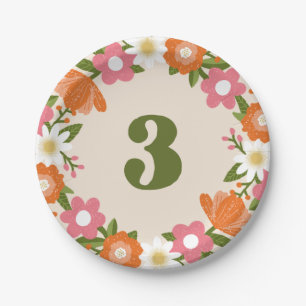 Cute Retro Floral 3 Girls Third Birthday Paper Plate
