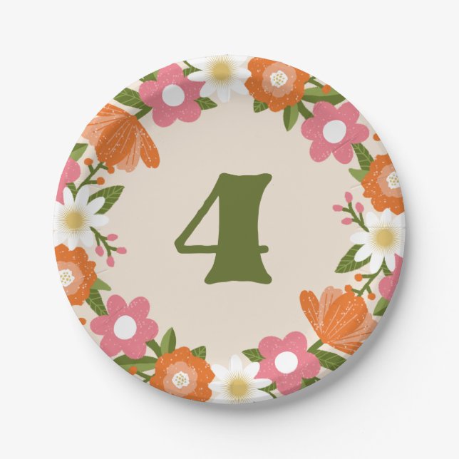 Cute Retro Floral 4 | Girls Fourth Birthday Paper Plate (Front)