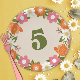 Cute Retro Floral 5 Girls Fifth Birthday Paper Plate