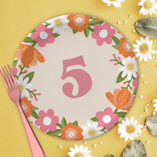 Cute Retro Floral 5 | Girls Fifth Birthday Paper Plate (Creator Uploaded)