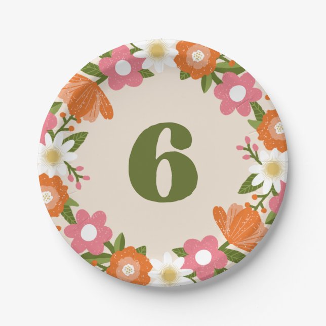 Cute Retro Floral 6 | Girls Sixth Birthday Paper Plate (Front)