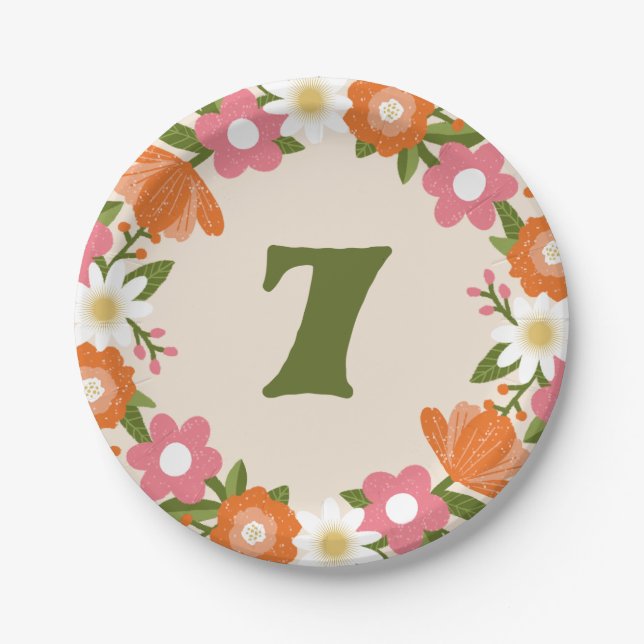 Cute Retro Floral 7 | Girls Seventh Birthday Paper Plate (Front)
