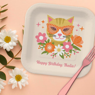 Cute Retro Floral Cat Girls Birthday Paper Plate