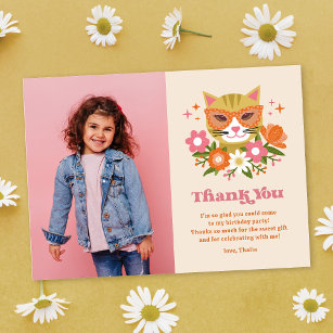 Cute Retro Floral Cat Photo Birthday Thank You Card