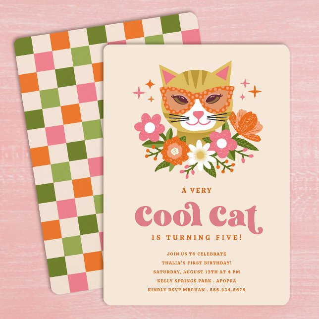 Cute Retro Floral Cool Cat Girls Birthday Party Invitation (Creator Uploaded)