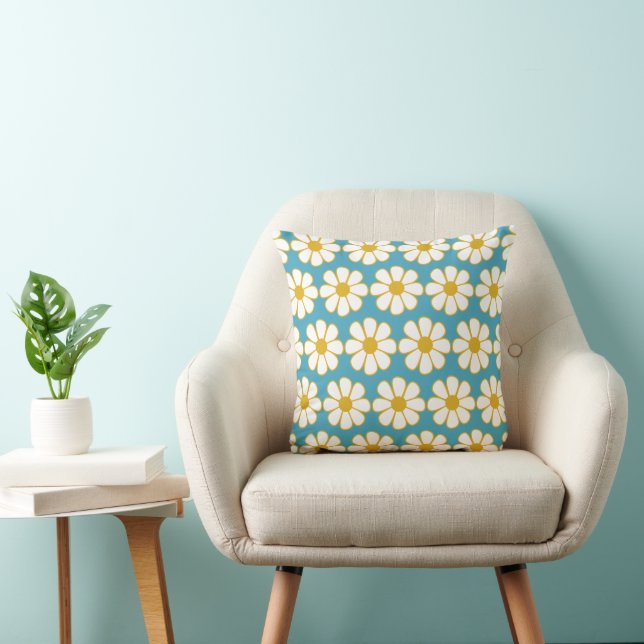 Cute Retro Floral Daisy Pattern Mustard and Blue Cushion (Chair)