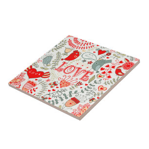 Cute Retro Floral Illustration Valentines Design Tile
